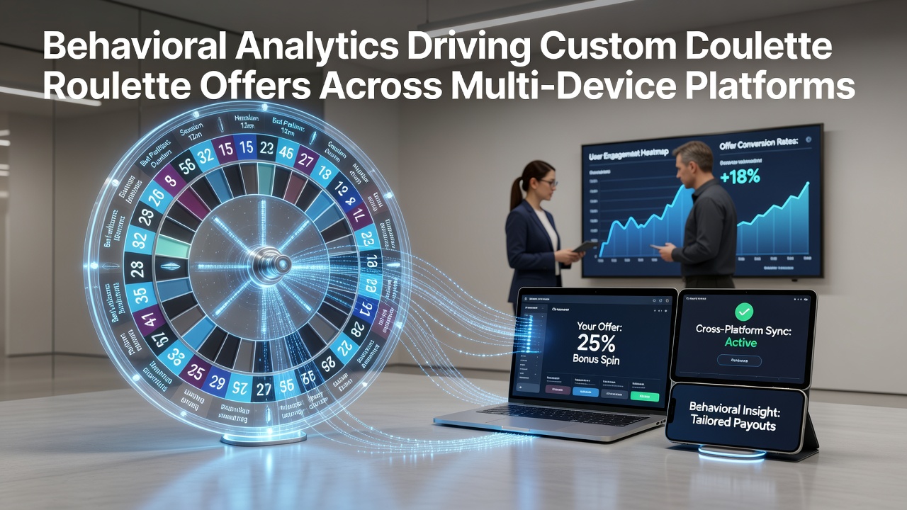 Roulette wheel interface displaying real-time player behavior data across desktop, tablet, and mobile screens in a casino analytics dashboard