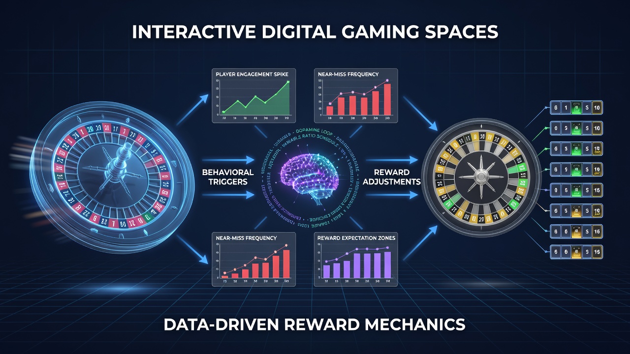 Interactive digital roulette interface showing player engagement metrics and reward adjustment indicators