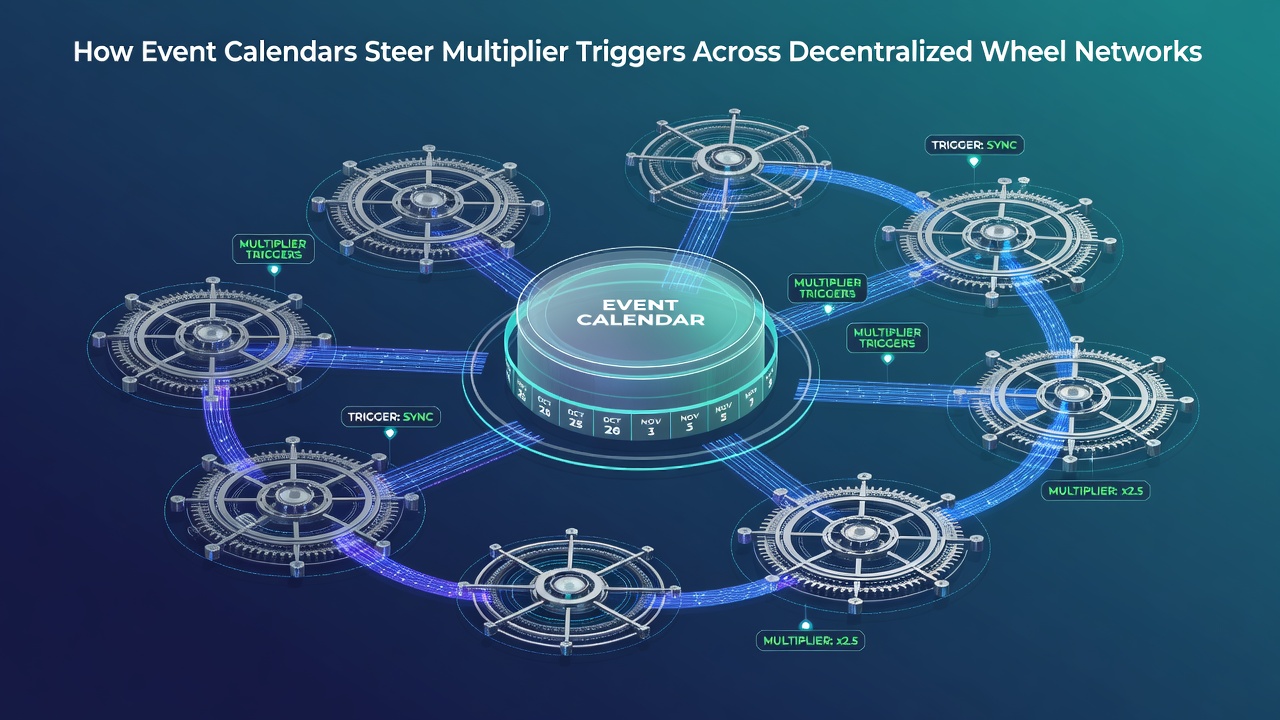 Decentralized wheel networks displaying synchronized multiplier triggers during scheduled events