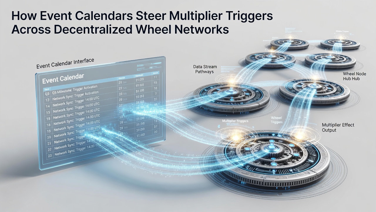 Network diagram illustrating event calendar entries steering multipliers across decentralized wheel nodes