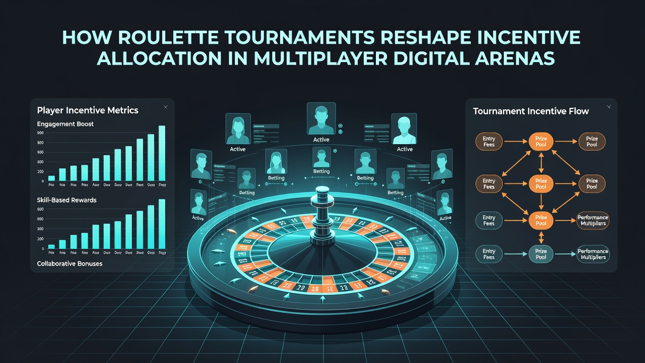 Digital roulette arena with players competing in a tournament and incentive metrics displayed