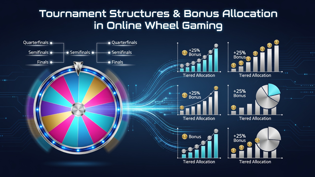 Tournament brackets overlaid on digital roulette wheels showing bonus distribution flows