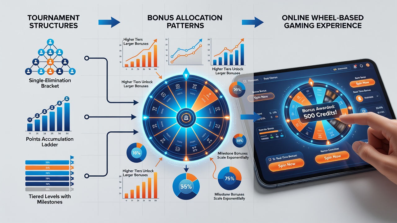 Data visualization of bonus allocation across multiple tournament brackets in wheel gaming platforms