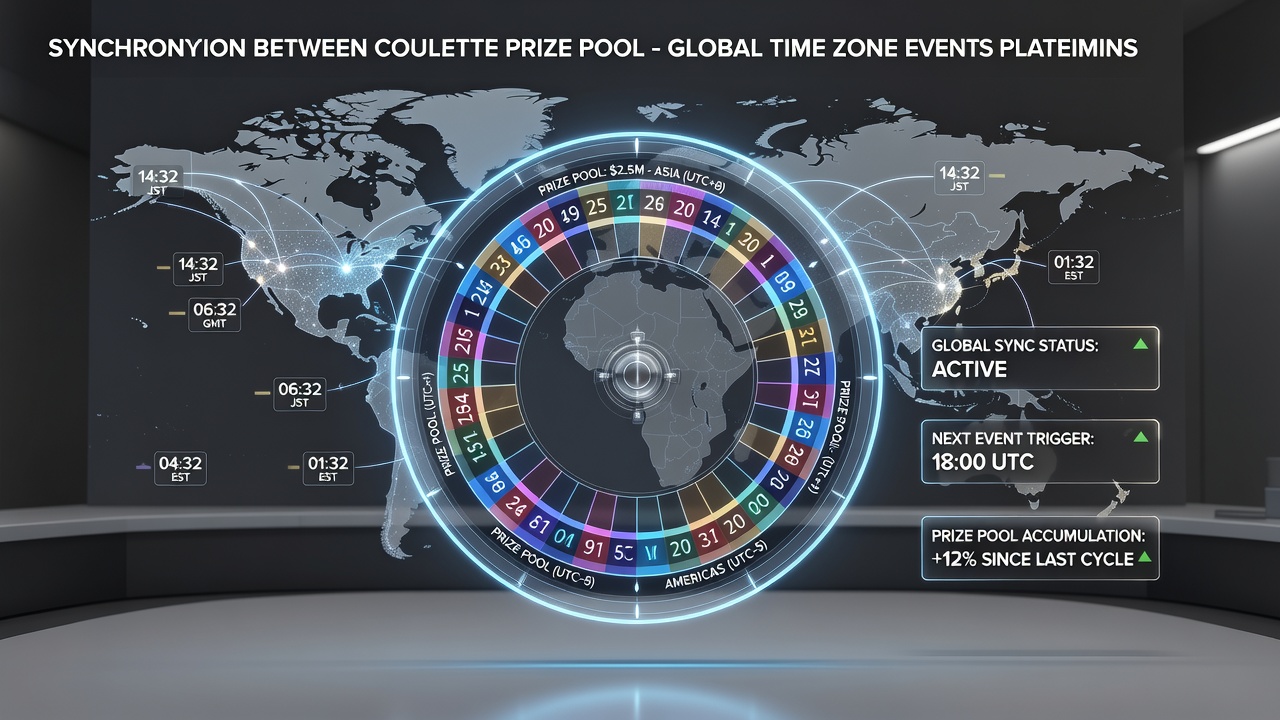 Roulette wheel interface displaying synchronized prize pool updates across multiple global time zones on an international gaming platform