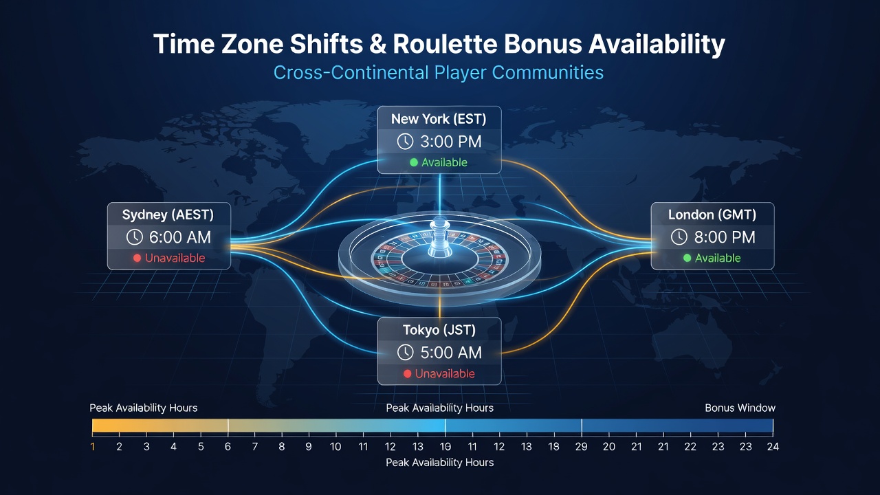 Digital clock interfaces displaying synchronized bonus reset times for roulette across different global regions
