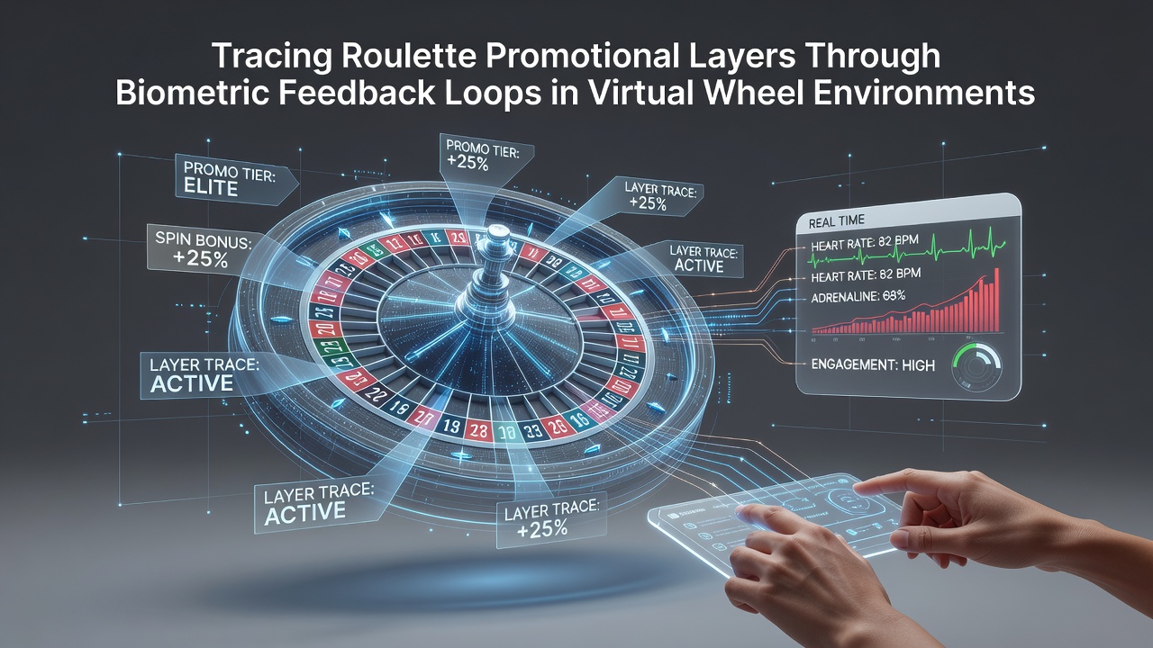 Virtual roulette wheel interface displaying layered promotional overlays integrated with biometric sensor data streams