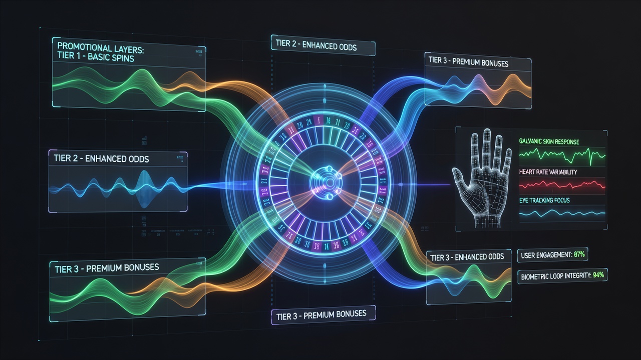 Diagram of biometric sensor integration points on a virtual roulette interface with feedback arrows showing promotional layer adjustments