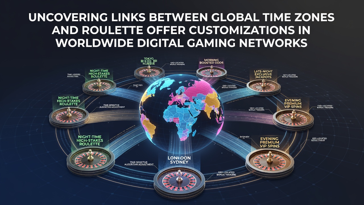 Global map overlay showing time zones intersecting with roulette wheel graphics and digital network nodes representing worldwide gaming platforms